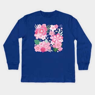 Pink Floral Paradise_Blue Background Kids Long Sleeve T-Shirt